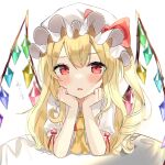  1girl alternate_hairstyle bangs blonde_hair blush bow crystal eyebrows_visible_through_hair face flandre_scarlet hair_between_eyes hair_down hat hat_bow highres long_hair looking_at_viewer mob_cap one_side_up puffy_short_sleeves puffy_sleeves red_bow red_eyes red_ribbon red_vest ribbon shirt short_sleeves solo touhou vest white_background white_headwear white_shirt wings yumeno_ruruka 