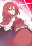  1girl bangs blush bow bowtie cape capelet from_below garasuno grin hair_between_eyes highres long_sleeves looking_at_viewer okazaki_yumemi red_bow red_bowtie red_cape red_capelet red_eyes red_hair red_skirt shirt short_hair simple_background skirt smile solo touhou touhou_(pc-98) 