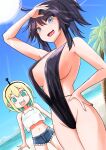  2girls absurdres ahoge amano_pikamee arm_up bangs bare_shoulders beach bikini black_hair black_hairband black_swimsuit blonde_hair blue_eyes blue_hair breasts commentary_request day denim denim_shorts glasses green_eyes green_hair hair_between_eyes hairband highres indie_virtual_youtuber kson large_breasts midriff multicolored_hair multiple_girls navel ondaroidandroid one-piece_swimsuit open_mouth outdoors palm_tree sharp_teeth shirt short_hair short_shorts shorts sky slingshot_swimsuit smile souchou sun swimsuit tank_top teeth tree two-tone_hair virtual_youtuber voms white_tank_top 