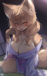 1girl :3 animal_ear_fluff animal_ears animal_hands animal_nose arm_support artist_name backlighting bangs blush body_fur breasts brown_fur brown_hair claws cleavage commentary commission dutch_angle english_commentary fangs floral_print fox_ears fox_girl fox_tail furry furry_female hair_between_eyes hair_tie half-closed_eyes hand_up happy highres indoors japanese_clothes kimono large_breasts leaning_to_the_side long_hair long_sleeves looking_at_viewer night off_shoulder open_mouth orange_eyes original purple_kimono sash sidelocks signature sitting skeb_commission smile snout solo suurin_(ksyaro) tail tatami teeth twitter_username white_fur 
