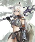  1girl ahoge animal_ear_fluff animal_ears bangs blurry blurry_background blush braid breasts commentary_request crop_top earrings eyebrows_visible_through_hair fox_ears fox_girl fox_tail green_eyes hair_between_eyes highres holding holding_weapon hololive jewelry kirin_(armor) long_hair looking_at_viewer midriff monster_hunter_(series) navel shirai_yu shirakami_fubuki sidelocks single_braid small_breasts solo tail virtual_youtuber weapon white_hair 