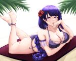  1girl absurdres ankle_ribbon arm_strap arm_under_breasts bangs barefoot beach bikini blush braid braided_ponytail breasts cleavage collarbone elbow_rest feet_up flower genshin_impact hair_flower hair_ornament hat highres large_breasts leg_ribbon looking_at_viewer lying mole mole_under_eye musanix on_stomach open_mouth palm_leaf purple_bikini purple_eyes purple_hair raiden_shogun ribbon side-tie_bikini signature smile solo sun_hat swimsuit toes 