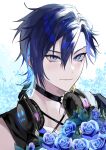  1boy bangs black_choker black_shirt blue_eyes blue_flower blue_hair blue_rose bouquet choker flower hair_between_eyes highres jeokgwang looking_at_viewer male_focus nijisanji nijisanji_en portrait rose shirt smile solo v-shaped_eyebrows virtual_youtuber yugo_asuma 