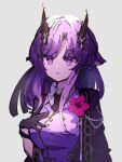  1girl arknights bangs black_gloves bracelet commentary_request eyebrows_visible_through_hair flower gloves hibiscus_(arknights) hibiscus_the_purifier_(arknights) horns jewelry long_hair mgmg_cc211 necktie parted_lips purple_eyes purple_hair solo white_background 