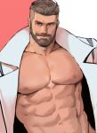  1boy abs bara bare_pectorals beard closed_mouth facial_hair highres jang_ju_hyeon labcoat large_pectorals looking_at_viewer male_focus muscular muscular_male navel nipples open_clothes open_labcoat pectorals pokemon pokemon_(game) pokemon_sv short_hair solo turo_(pokemon) undercut upper_body 