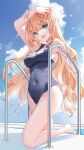  1girl :d arm_up bare_arms bare_shoulders barfleur_(warship_girls_r) bison_cangshu blonde_hair blue_eyes blue_swimsuit breasts covered_navel day highres large_breasts long_hair looking_at_viewer name_tag one-piece_swimsuit open_mouth outdoors pool_ladder smile solo swimsuit thighs v-shaped_eyebrows very_long_hair warship_girls_r 
