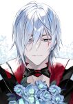  1boy bangs black_jacket blue_background blue_flower bouquet flower fulgur_ovid grey_eyes grey_hair hair_between_eyes hair_over_one_eye highres jacket jeokgwang looking_down male_focus nijisanji nijisanji_en smile solo virtual_youtuber 