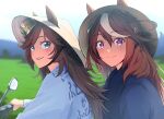  2girls bangs blurry blurry_background blush brown_hair closed_mouth ears_through_headwear green_eyes ground_vehicle hair_ornament hairclip hat highres long_hair looking_at_viewer mafty mini_hat mini_top_hat motor_vehicle mr._c.b._(umamusume) multicolored_hair multiple_girls open_mouth outdoors purple_eyes rice_hat scooter smile streaked_hair suiyou_dou_de_shou symboli_rudolf_(umamusume) teeth top_hat umamusume upper_body upper_teeth 