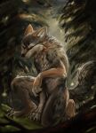  2022 4_toes 5_fingers anthro black_nose brown_body brown_fur canid canine canis coyote day detailed_background digital_media_(artwork) feet fingers forest fur grass grey_body grey_fur hi_res looking_at_viewer magenta7 mammal outside plant solo toes tree 