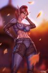 1girl abs armor blood_elf_(warcraft) breasts brown_gloves closed_mouth colored_sclera contrapposto ear_piercing gloves green_eyes green_sclera hand_on_hip hand_up highres large_breasts long_eyebrows long_pointy_ears looking_at_viewer midriff muscular muscular_female navel personal_ami piercing pointy_ears ponytail red_hair solo thighhighs vambraces warcraft world_of_warcraft 