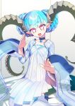  +_+ 1girl aqua_hair bangs braid breasts choker crown_braid curled_horns dress fate/grand_order fate/grand_order_arcade fate_(series) highres horns jewelry larva_tiamat_(fate) long_hair long_horns long_sleeves looking_at_viewer negi_(ulog&#039;be) open_mouth pendant pink_eyes pointy_ears ribbed_dress small_breasts smile solo symbol-shaped_pupils tail thighhighs thighs tiamat_(fate) white_dress white_legwear 
