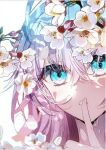  1girl blush cover cover_page douluo_dalu face falling_petals finger_to_mouth flower hair_flower hair_ornament hei_zhi_shi highres long_hair multicolored_eyes multicolored_hair official_art open_mouth petals solo tang_wutong_(douluo_dalu) third-party_source wet white_background 
