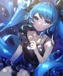  1girl black_dress black_ribbon blue_eyes blue_hair bubble closed_mouth collarbone commentary dress hair_ribbon hatsune_miku highres long_hair looking_at_viewer ocean ribbon shinkai_shoujo_(vocaloid) solo soramame_pikuto submerged twintails underwater very_long_hair vocaloid 