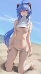  1girl absurdres ahoge ass_visible_through_thighs bangs bare_arms barefoot beach bikini bikini_pull blue_hair blush breasts clothes_lift clothes_pull crossed_bangs eyebrows_visible_through_hair full_body ganyu_(genshin_impact) genshin_impact goat_horns groin highres hiki_niito horns kneeling lifted_by_self long_hair looking_at_viewer low_ponytail medium_breasts mouth_hold navel ponytail red_eyes sand shirt_lift sidelocks sky solo stomach swimsuit thighs underboob white_bikini 