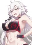  1girl ahoge bangs bare_shoulders bikini black_bikini black_gloves breasts choker cleavage collarbone commentary_request fate/grand_order fate_(series) gloves hair_between_eyes highres jeanne_d&#039;arc_alter_(fate) jeanne_d&#039;arc_alter_(swimsuit_berserker)_(fate) large_breasts long_hair looking_at_viewer midriff mku navel o-ring o-ring_bikini open_mouth solo stomach swimsuit very_long_hair white_background white_hair yellow_eyes 