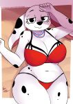  101_dalmatian_street 101_dalmatians anthro beach bedroom_eyes big_breasts bikini border breasts canid canine canis chubby_anthro chubby_female cleavage clothed clothing dalmatian disney dolly_(101_dalmatians) domestic_dog female floppy_ears fur half-closed_eyes hi_res huge_breasts inviting jewelry lying lying_on_ground mammal narrowed_eyes necklace on_back rizkitsuneki seaside seductive slightly_chubby smile smirk smug smug_face solo spots spotted_body spotted_fur swimwear thick_thighs white_body white_border white_fur wide_hips 