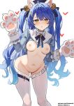  1girl amamiya_kokoro animal_ears animal_hands bangs bell blue_hair blush breasts cat_ears cat_tail gloves highres jingle_bell large_breasts long_hair long_sleeves looking_at_viewer navel nijisanji nipples open_mouth paw_gloves reverse_outfit shrug_(clothing) simao_(x_x36131422) solo tail thighs two_side_up virtual_youtuber white_legwear yellow_eyes 