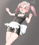  1girl absurdres alternate_costume apron black_dress breasts cowboy_shot dated dress enmaided grey_background hair_bobbles hair_ornament highres kantai_collection maid maid_headdress maru_(marg0613) one-hour_drawing_challenge panties pink_eyes pink_hair sazanami_(kancolle) short_hair simple_background small_breasts solo twintails twitter_username underwear waist_apron waitress white_apron white_panties 