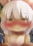  1boy 1other against_wall animal_ears blush body_fur closed_mouth dagashi_(daga2626) furry highres looking_at_viewer made_in_abyss mechanical_arms nanachi_(made_in_abyss) pov regu_(made_in_abyss) short_hair topless whiskers white_hair yellow_eyes 