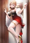  1girl absurdres azur_lane bangs bare_shoulders black_dress black_footwear blonde_hair blue_eyes blush bow bracelet breasts brown_bow cup dress drinking_glass eyebrows_visible_through_hair feet_out_of_frame hair_bow hair_ornament hairclip hand_on_wall high_heels highres holding holding_cup howe_(azur_lane) howe_(evening_marvels)_(azur_lane) jewelry lips long_hair looking_at_viewer lubikaya medium_breasts multicolored_clothes multicolored_dress multicolored_hair official_alternate_costume open_mouth picture_(object) red_dress ring solo standing standing_on_one_leg streaked_hair thighs underboob wine_glass 