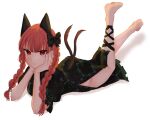  1girl animal_ears ao_orin_ringo ass bangs bare_legs barefoot black_bow blunt_bangs bow braid cat_ears dress expressionless eyebrows_visible_through_hair full_body green_dress hair_bow hands_on_own_cheeks hands_on_own_face highres kaenbyou_rin legs_up long_hair looking_at_viewer lying on_stomach red_eyes red_hair simple_background solo touhou twin_braids white_background 