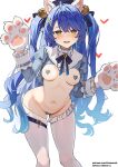  1girl amamiya_kokoro animal_ears animal_hands bangs bell blue_hair blush breasts cat_ears cat_tail covered_nipples gloves highres jingle_bell large_breasts long_hair long_sleeves looking_at_viewer navel nijisanji open_mouth pasties paw_gloves reverse_outfit shrug_(clothing) simao_(x_x36131422) smile solo tail thighs two_side_up virtual_youtuber white_legwear yellow_eyes 