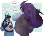  2021 accessory anthro big_breasts big_butt black_body black_eyes black_fur black_hair black_inner_ear blue_body blue_clothing blue_fur blue_topwear blush bottomless breasts butt butt_grab canid canine canis claws clothed clothing curvy_figure dart_(dewwydarts) dewwydarts dialogue duo female fur gloves_(marking) hair hand_on_butt headband hi_res huge_breasts huge_butt larger_female long_hair lucario male male/female mammal markings multicolored_body multicolored_fur multicolored_hair nea_(dewwydarts) nintendo pok&eacute;mon pok&eacute;mon_(species) purple_claws purple_hair purple_inner_ear red_headband shiny_pok&eacute;mon shirt simple_background simple_eyes size_difference smaller_male spikes spikes_(anatomy) thick_thighs topwear two_tone_body two_tone_fur two_tone_hair video_games voluptuous white_clothing white_shirt white_topwear zoroark 