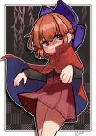  1girl bow cloak cowboy_shot ear_piercing hair_bow highres long_sleeves looking_to_the_side miniskirt nail_polish piercing red_cloak red_eyes red_hair red_nails red_skirt sekibanki short_hair simple_background skirt solo touhou zakozako_y 