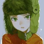  1boy ? fur_hat green_eyes green_headwear grey_background hat jacket kyle_broflovski looking_at_viewer male_focus orange_jacket parted_lips portrait simple_background sketch solo south_park symbol-only_commentary ushanka yatatashira zipper_pull_tab 