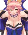  1girl absurdres animal_ear_fluff animal_ears bare_shoulders blue_bow blue_kimono blue_ribbon bow breasts cleavage desk eyebrows_visible_through_hair fate/grand_order fate_(series) fox_ears fox_girl hair_ribbon highres japanese_clothes kimono large_breasts looking_at_viewer pink_hair quanero ribbon simple_background solo split_ponytail tamamo_(fate) tamamo_no_mae_(fate/extra) white_background yellow_eyes 