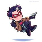  1boy absurdres animal_print bat_print batman_(series) black_hair bodysuit boots brown_jacket chibi commentary dc_comics domino_mask english_commentary finger_on_trigger frown gloves gun handgun highres holding holding_gun holding_weapon jacket jason_todd jumping male_focus marudavalosart mask middle_finger multicolored_hair pistol red_mask simple_background streaked_hair two-tone_hair weapon white_background 