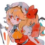  1girl ascot blonde_hair bow crystal fang flandre_scarlet hand_on_own_cheek hand_on_own_face hat hat_bow highres medium_hair mob_cap one_side_up open_mouth painting_(medium) pillow_hat ponytail puffy_short_sleeves puffy_sleeves red_bow red_eyes red_skirt red_vest short_sleeves side_ponytail signature simple_background skirt sobamushi_mo solo touhou traditional_media vest white_background white_skirt wings yellow_ascot 