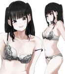  1girl bare_shoulders black_hair blush bra breasts brown_eyes eyebrows_visible_through_hair grey_bra grey_panties highres long_hair looking_at_viewer multiple_views navel original panties piercing sidelocks simple_background small_breasts smile tama_(tamago) underwear underwear_only white_background 