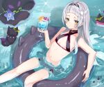  1girl black_swimsuit blush breasts choker collarbone commentary_request cup drinking_glass drinking_straw feet_out_of_frame frilled_swimsuit frills from_above grey_hair hairband halter_top halterneck hand_up highres holding hololive innertube leaning_back legs long_hair looking_at_viewer mogu9_9 murasaki_shion navel partially_submerged shiny shiny_hair shiny_skin shiokko_(murasaki_shion) short_eyebrows sidelocks small_breasts star_(symbol) star_choker stomach swimsuit thighs virtual_youtuber water yellow_eyes 