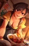  1girl apron bacon bangs black_apron black_eyes black_hair bra breasts chaturbate collarbone commentary computer downblouse egg_(food) english_commentary english_text eromanga_sensei eyebrows_visible_through_hair food foreshortening fork highres holding holding_fork holding_plate holding_spoon indoors izumi_sagiri khyle. komi-san_wa_komyushou_desu komi_shuuko laptop large_breasts looking_at_viewer lower_teeth mature_female open_door open_mouth plate shirt short_hair short_sleeves spoon steam swept_bangs teeth underwear white_bra yellow_shirt 