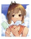  1girl blue_sky brown_eyes brown_hair character_name cloud commentary_request dated food i-401_(kancolle) kantai_collection one-hour_drawing_challenge orange_sailor_collar ponytail popsicle sailor_collar shirt short_hair sky sleeveless sleeveless_shirt solo tan twitter_username u_yuz_xx upper_body 