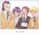  4boys agatsuma_zenitsu bangs bendy_straw black_hair blazer blonde_hair book border cardigan collared_shirt confetti drinking_straw earrings eyelashes green_necktie grin hand_on_another&#039;s_shoulder hand_up hands_up happy hashibira_inosuke highres holding jacket jewelry juice_box kamado_tanjirou kimetsu_gakuen kimetsu_no_yaiba konsobastew laughing long_sleeves looking_at_another male_focus mohawk multiple_boys necktie purple_eyes purple_hair red_hair scar scar_on_cheek scar_on_face scar_on_forehead scar_on_nose school_uniform shinazugawa_genya shirt smile star_(symbol) upper_body white_background white_shirt 