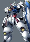  absurdres blue_eyes glowing glowing_eye grey_background gundam gundam_aerial gundam_suisei_no_majo haganef highres mecha mobile_suit no_humans open_hands portrait science_fiction shield solo standing v-fin 