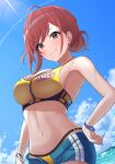  1girl absurdres ahoge arisugawa_natsuha armpits bangs bikini blue_shorts blue_sky breasts cleavage closed_mouth cloud commentary contrapposto cowboy_shot cutoffs day dot_nose dutch_angle earrings english_text eyebrows_visible_through_hair eyelashes from_below grey_eyes hair_bun hand_on_hip highres idolmaster idolmaster_shiny_colors jewelry large_breasts lens_flare light_blush linea_alba looking_at_viewer navel open_pants orange_hair osoba_susurukun pants short_shorts shorts sidelocks skindentation sky smile solo stomach sunlight swept_bangs swimsuit water_drop wet wristband yellow_bikini 