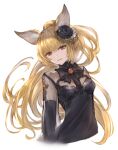  1girl animal_ears bangs black_dress black_flower black_rose blonde_hair blunt_bangs breasts closed_mouth commentary_request detached_sleeves dress flower granblue_fantasy hair_flower hair_ornament high_ponytail lala_(0915_yu) long_hair looking_at_viewer red_eyes rose see-through simple_background small_breasts solo upper_body white_background yuisis_(granblue_fantasy) 
