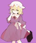  1girl 76gpo bangs blonde_hair closed_mouth dress eyebrows_visible_through_hair hand_in_own_hair highres holding_luggage looking_at_viewer luggage maribel_hearn one-hour_drawing_challenge purple_background purple_dress short_hair simple_background smile solo touhou yellow_eyes 