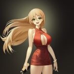  1girl ban_joo-hee bangs bare_arms bare_shoulders blonde_hair blush bracelet breasts cellphone chronodash cleavage cleavage_cutout clothing_cutout commentary_request covered_navel dress eyebrows_visible_through_hair gradient gradient_background green_eyes highres holding jewelry korean_commentary large_breasts long_hair looking_away love_delivery open_mouth phone red_dress short_dress simple_background sleeveless smile solo teeth thighs 