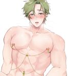  1boy 7go3_nc blush green_eyes green_hair jewelry male_focus muscular muscular_male nipples nu_carnival olivine_(nu_carnival) open_mouth short_hair white_background 