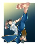  1girl barefoot black_hair border bracelet breasts china_dress chinese_clothes chun-li cleavage double_bun dress eiji_(eiji) eyeliner hair_bun highres jewelry jump_kick kicking large_breasts makeup martial_arts side_slit solo street_fighter street_fighter_6 white_border 