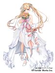  1girl back_bow blonde_hair blue_eyes bow breasts bridal_veil character_request commentary_request copyright_request dress earrings flower frills full_body gakuon_(gakuto) hair_bow high_heels highres holding holding_flower jewelry long_dress long_hair official_art pink_flower pink_rose purple_flower rose small_breasts solo strapless strapless_dress twintails two_side_up veil waist_bow wedding_dress white_bow white_dress white_flower white_footwear yellow_flower 