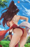  1girl araneesama ass back bare_shoulders blue_sky breasts brown_hair dress fatal_fury high_ponytail highres large_breasts long_hair pelvic_curtain red_dress shiranui_mai short_dress sideboob sky solo the_king_of_fighters thighs 