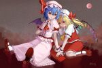  2girls absurdres arm_support artist_name ascot back_bow bat_wings blonde_hair blue_hair blush bobby_socks bow brooch chinese_commentary collared_shirt commentary crystal diamond-shaped_pupils diamond_(shape) flandre_scarlet frilled_shirt frilled_shirt_collar frilled_skirt frilled_sleeves frills frown full_body full_moon guierlll hair_between_eyes hand_on_another&#039;s_shoulder hand_on_own_chest hat hat_ribbon highres jewelry looking_at_viewer mary_janes medium_hair moon multiple_girls one_side_up open_mouth pink_headwear pink_shirt pink_skirt puffy_short_sleeves puffy_sleeves red_ascot red_bow red_eyes red_footwear red_moon red_ribbon red_skirt red_vest remilia_scarlet ribbon seiza shirt shoes short_sleeves siblings sisters sitting skirt skirt_set socks symbol-shaped_pupils teeth touhou v-shaped_eyebrows vest white_headwear white_legwear white_shirt wings wrist_cuffs yellow_ascot 