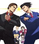  2girls 4boys ace_attorney arm_up better_call_saul blonde_hair blue_necktie bluetooth_headset brown_hair clenched_hands crossed_arms crossover formal frown half-closed_eyes hand_on_hip highres howard_hamlin japanese_clothes kim_wexler maya_fey miles_edgeworth multiple_boys multiple_girls necktie phoenix_wright ponytail raised_eyebrow saul_goodman smile striped suit sweatdrop tina_fate white_necktie 