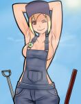  1girl armpits arms_behind_head arms_up backlighting blonde_hair blue_sky breasts collarbone eyebrows_visible_through_hair eyeliner farmer farming handle hat hoe looking_at_viewer makeup no_shirt one_eye_closed original outdoors overalls red_eyes saberrung shovel sideboob sidelocks sky smile sport_girl_(saberrung) steam steaming_body sun sunlight sweat 