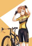  1girl arms_up bicycle bike_jersey bike_shorts black_gloves black_shorts breasts brown_hair copyright_name fingerless_gloves gloves ground_vehicle highres jacket jungle_zzz long_hair love_live! love_live!_superstar!! shibuya_kanon shiny shiny_hair short_sleeves shorts small_breasts solo standing yellow_jacket 